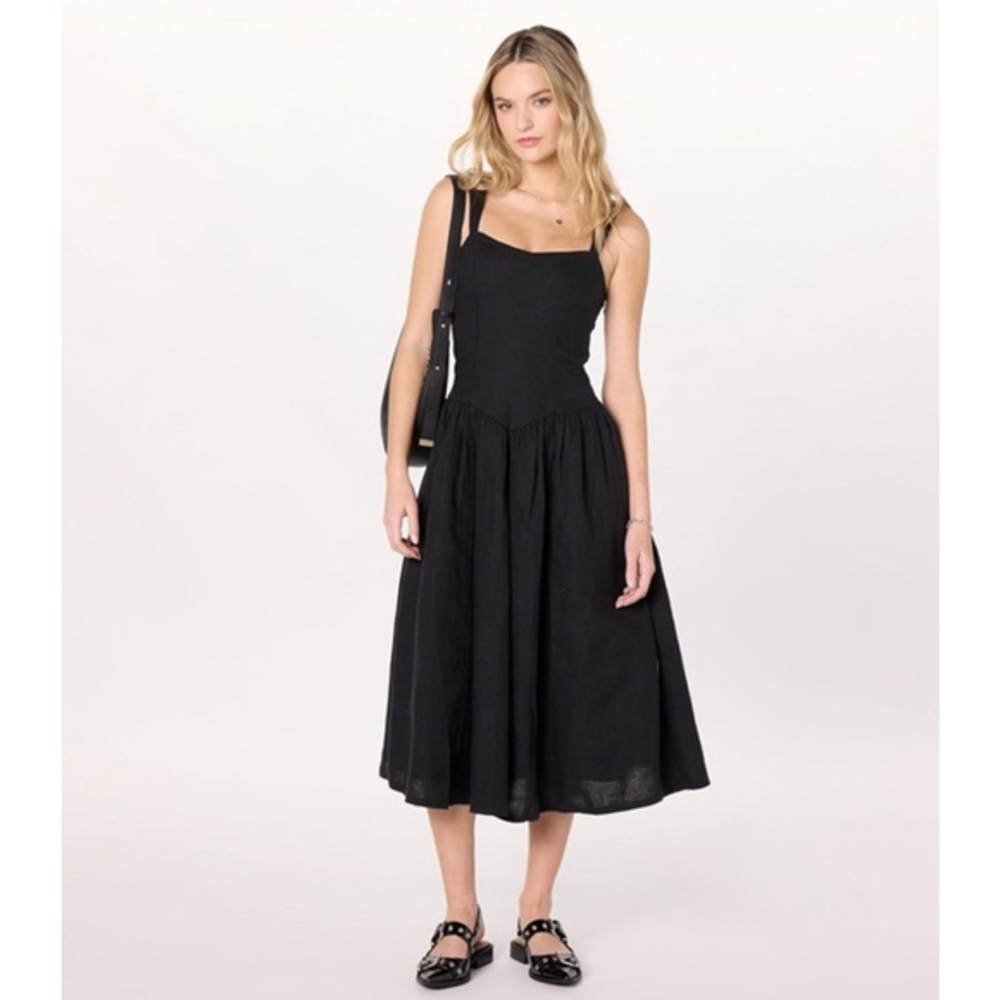 The Drop Women's Balu Feminine Shaped Waist Midi Dress Black Sz L - LINEN